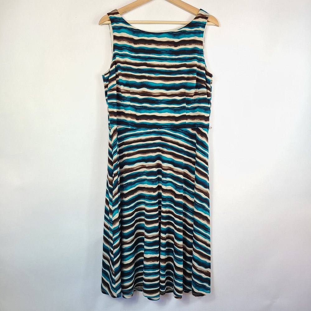 Evan Picone Striped Turquoise Sleeveless Dress - Size 14